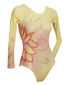 Long Sleeve Gymnastic Leotard with a flower and Silver sequin spiral and a colour fade of Pink and Yellow