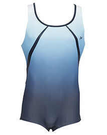 Men's and Boys Unitards Gymnastics in Blue with Neck outlined in Darker Blue and below with Stripe on sides of Chest and armpits