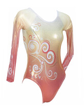 Long sleeve Gymnastics leotard with curl spirals on sleeves and faded colours of orange and white Mandarin