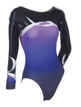 Long sleeve Gymnastics Leotard with Black on sleeves and around neck with Purple Indigo on bottom and White curve drawn on top chest and sleeves
