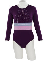 Long sleeve Gymnastics Leotard with Sleeves and neck in Yellow decorated with a White curl swirl and bottom half of leotard in Gunmetal