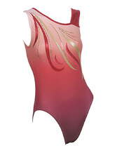 Sleeveless Gymnastics Leotard in red with gold and red swirl pattern