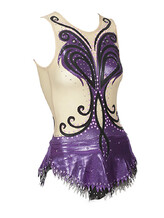 Rhythmic, Ice Skating or Roller blading Leotard Dress in Purple with curl swirls in Black and Cream background with Silver sequin and details
