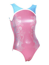 Sleeveless Gymnastics Leotard in pink blue and white with swirl pattern