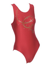 Sleeveless Gymnastics Leotard in red with golden swirl pattern