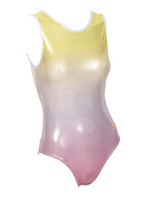 Sleeveless Gymnastics Leotard with colour fade from yellow to pink with metallic fabric