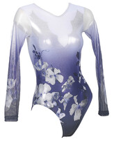 Long sleeve Gymnastics Leotard with faded colour of White and Purple with Flowers on leotard and sleeves Clematis