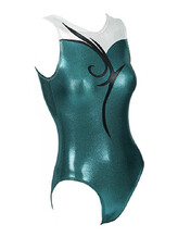 Sleeveless Gymnastics Leotard with colour fade in Jade Green Foil Fabric with black spiral pattern on front
