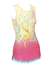 Rhythmic, Ice Skating or Roller blading Leotard dress in Cream with Maple tree design in Fluro with silver sequin details