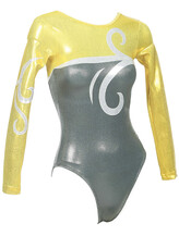 Long sleeve Gymnastics Leotard with Sleeves and neck in Yellow decorated with a White curl swirl and bottom half of leotard in Gunmetal