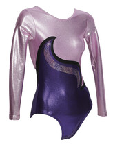 Long sleeve Gymnastics Leotard with Lilac sleeves right round neck and bottom half Purple with a Silver Curl with sequins design