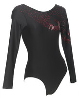 Long sleeve Gymnastics Leotard with Black mesh sleeves and neck with Red sequin dots decorated above chest and bottom plain Black