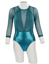 Long sleeve Gymnastics Leotard with Candy Pink sleeves and White curl on top chest and in Turquoise