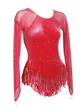 Rhythmic, Ice Skating or Roller blading Long Sleeve Leotard Dress in Red with sleeves in Mesh and Silver sequin and details