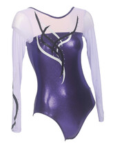 Long sleeve Gymnastics Leotard with light purple sleeves and neck mesh with White and Black curls and Silver sequin dots around the curls bottom half in full Purple