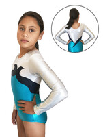 Long Sleeve Gymnastics Leotard in White Silver with Turquoise and Navy Blue and details