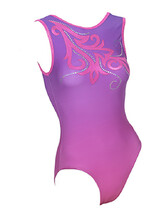 Sleeveless Gymnastics Leotard in purple and pink with pink and silver swirl pattern