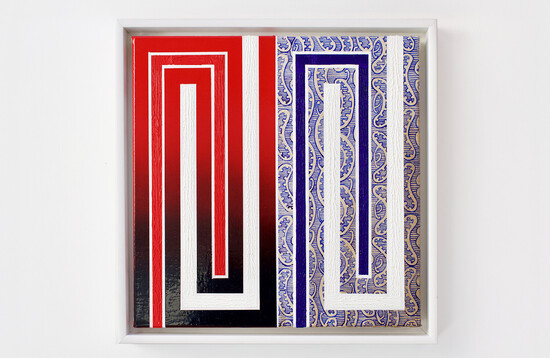Graphic painting in red white and blue kowhaiwhai pattern included in the composition similar to painting to left