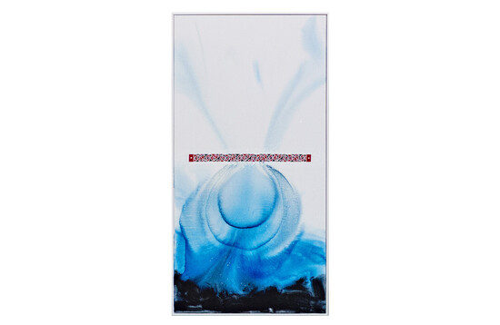 Large scale work white at the top with swirly cyan coloured strokes leading to black at the bottom with Maori designs in red white and black through the centre