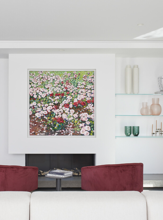 Feature floral painting in sitting area with inset fire place