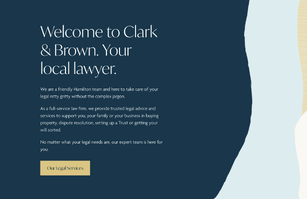 website content for CB Lawyers in Hamilton. Image shows a text section and abstract design sample from the website