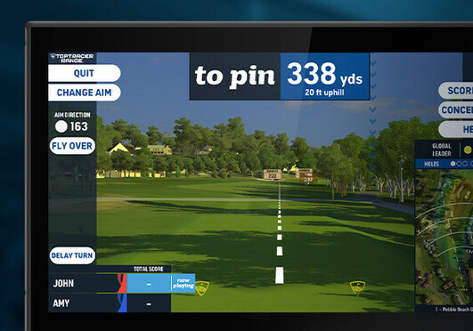 Toptracer screen showing closest to pin challenge 'to pin 338 yards'