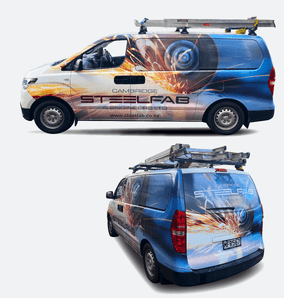Cambridge SteelFab vehicle wrap designed by Kaz