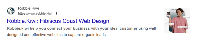 A screenshot of a search result for Robbie.kiwi with a blue title tag, a gray meta description and an image from the website