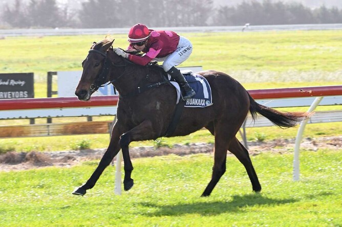 Whiskey Lies winning at Ruakaka on Saturday. - Photo: Race Images