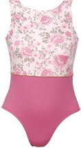 Wide Strap Sleeveless Ballet leotard with flowers in front half and bottom belly in plain Pink