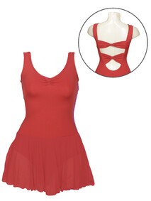 tank style sleeveless ballet leotard dress in red with gathered neckline and double bow back