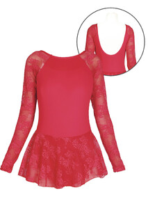 long sleeved ballet leotard dress in red with lace skirt and sleeves