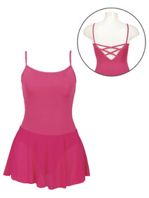 spaghetti strap ballet leotard dress with crossed back in raspberry pink