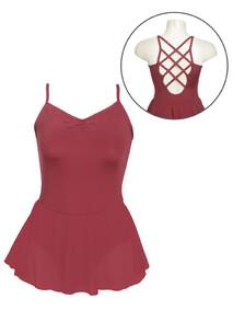 Spaghetti strap ballet leotard dress in burgundy maroon with crossed back and gathered neckline