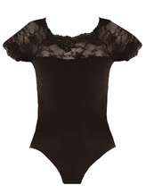 Short Sleeve Black Ballet Leotard with Lace scoop neck 