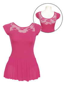 Short Sleeved Leotard Dress in Raspberry Pink with Lace Scooped Neck
