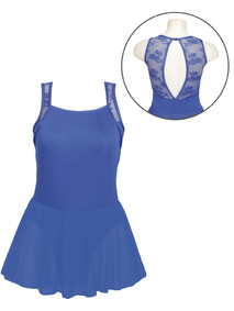 royal blue ballet leotard dress with lace tank style sleeves and keyhole back