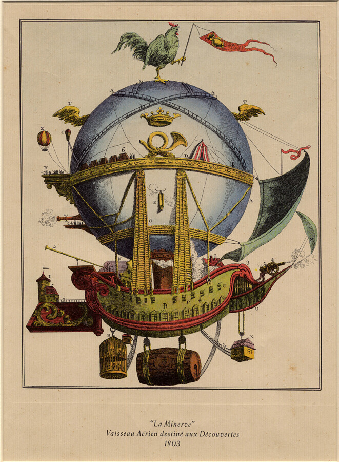 A Vintage Chromolithograph of "La Minerve" (An Airship Destined for Discoveries 1803) Produced from an original drawing Mid 20th Century