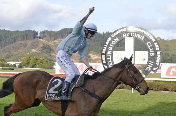 A triumphant Shaun Fannin celebrates West Coast's victory in the Grant Plumbing Wellington Steeplechase (5500m) at Trentham on Saturday. - Photo: Peter Rubery, Race Images