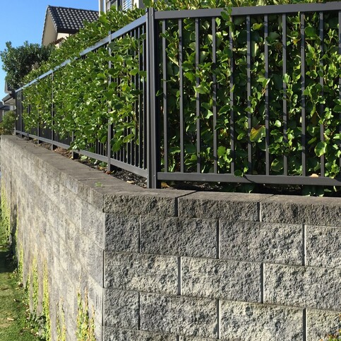 photo of a high wall, made safe with Moduline barrier fencing, with shrubs for extra beauty