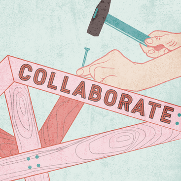 Digital Illustration of hands hammering a nail into wooden frame that says the word "collaborate"