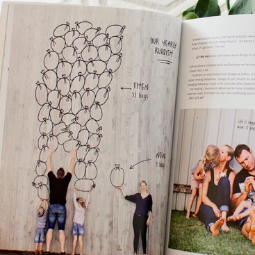Illustration over photograph of a years worth of rubbish bags for Living Lightly book by Nicola Turner