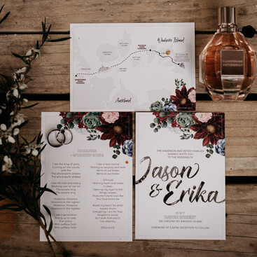 Wedding invitation design – moody marron flowers and succulents