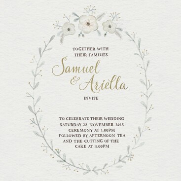 Wedding invitation design – gold and sage foral wreath