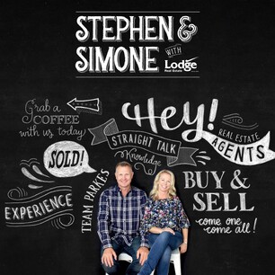 Studio full body portrait photography for real estate agents Stephen and Simone Lodge with custom chalkboard typography