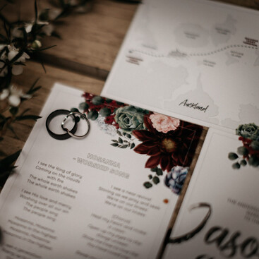 Wedding invitation design – moody marron flowers and succulents