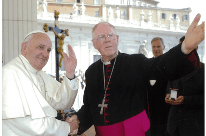 Bishop Owen Dolan meets Pope Francis during his 2016 visit to Rome.