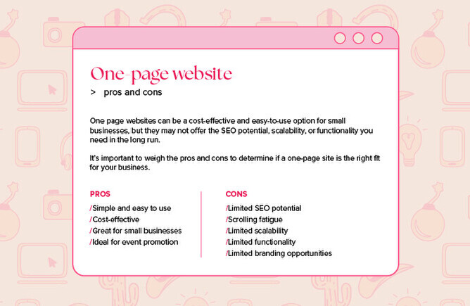 Graphic titled 'One-page website pros and cons,' listing benefits like simplicity and cost-effectiveness, and drawbacks like limited SEO potential and scalability