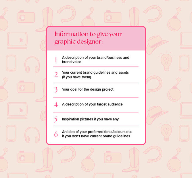 Checklist graphic titled 'Information to give your graphic designer' with six points listed on a pink-bordered box over a beige background with light pink icons