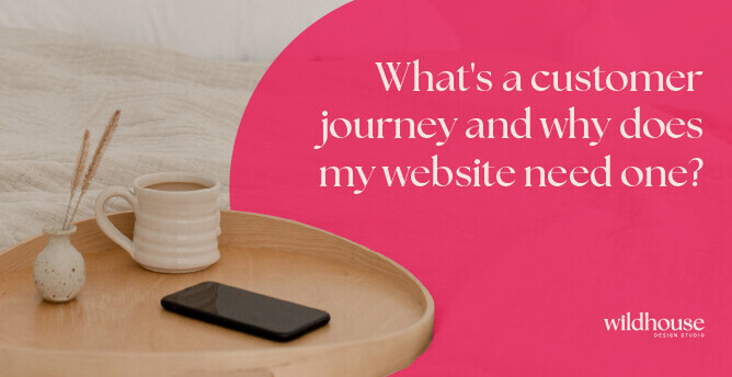 Graphic titled 'What's a customer journey and why does my website need one?' over a pink background, with a photo of a tray holding a cup and phone on a beige bedspread